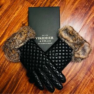 VIKIDEER & CO. LTD Black Quilted Leather Gloves with Fur Cuffs BRAND NEW